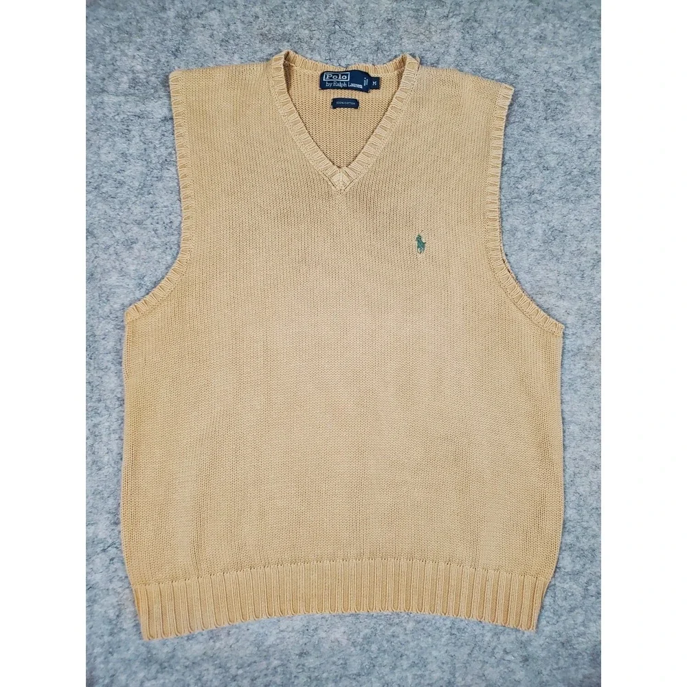 Vintage Polo Ralph Lauren Sweater Vest Mens Med Beige V Neck Pony Knit Pullover